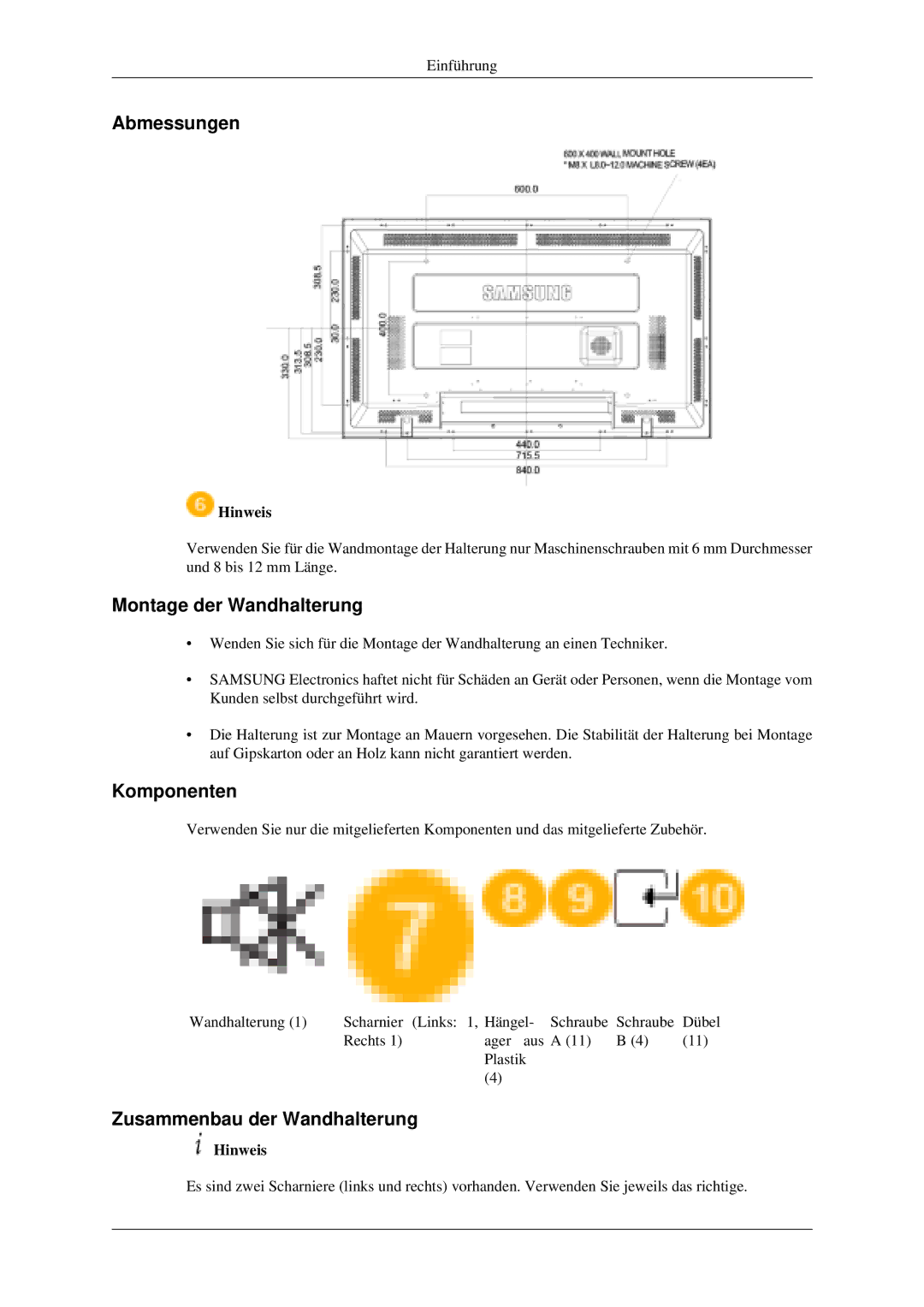 Samsung LH40MGPLGD/EN, LH46MGPLGD/EN manual Abmessungen 