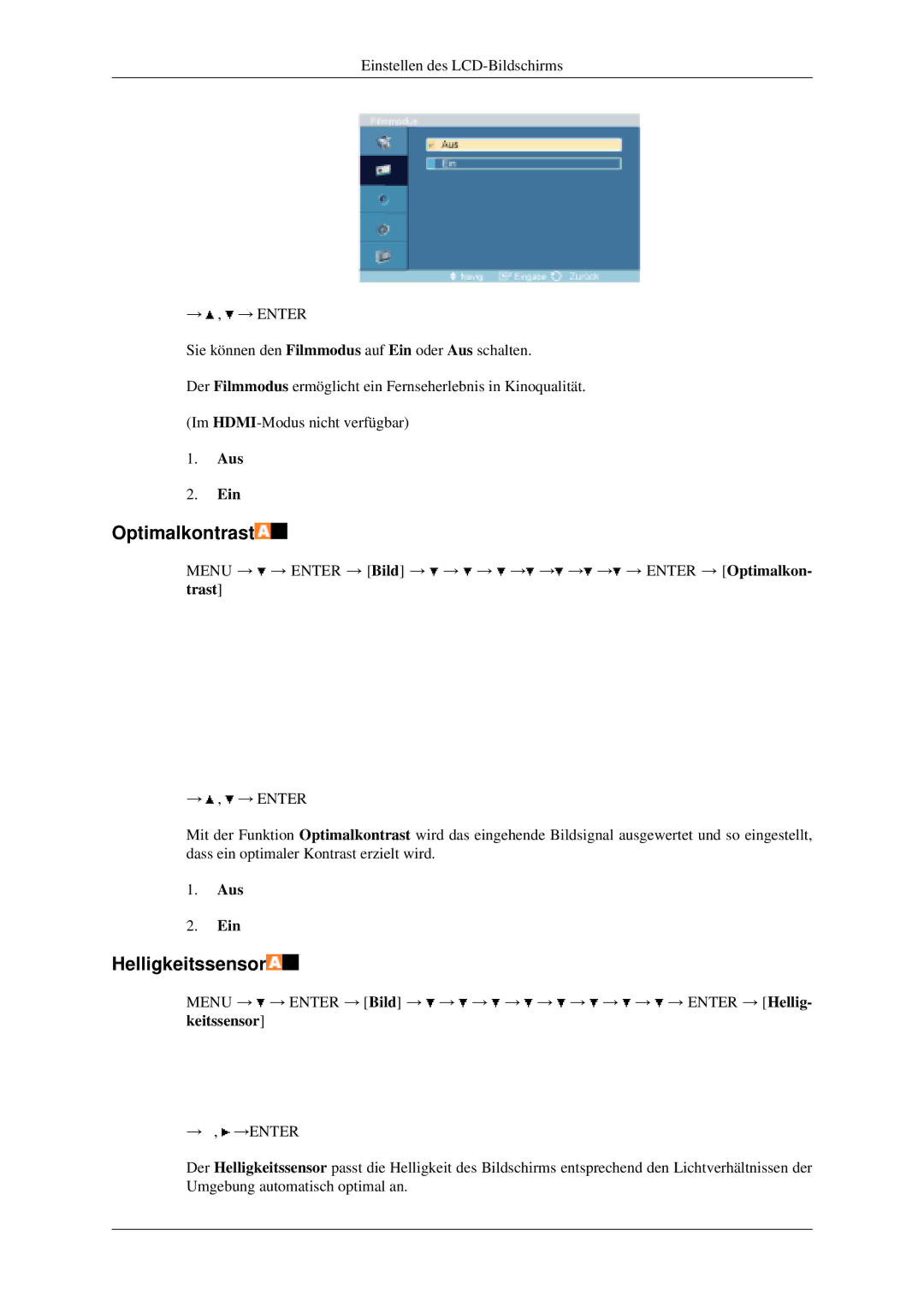 Samsung LH40MGPLGD/EN, LH46MGPLGD/EN manual Optimalkontrast, Helligkeitssensor 