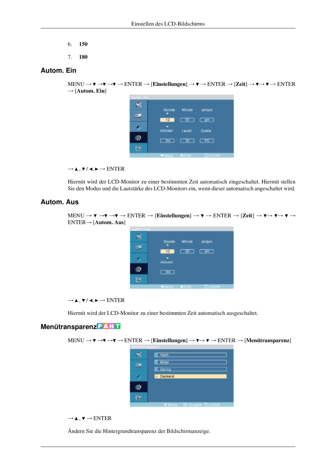 Samsung LH46MGPLGD/EN, LH40MGPLGD/EN manual Autom. Aus, Menütransparenz, → Autom. Ein 