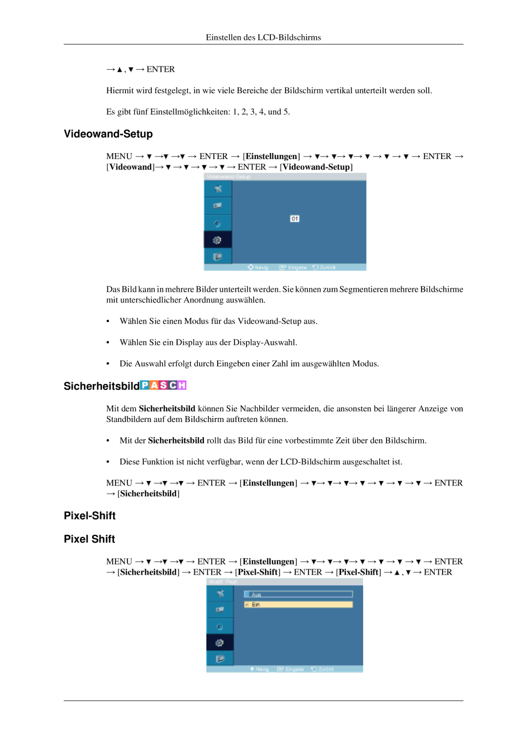 Samsung LH46MGPLGD/EN, LH40MGPLGD/EN manual Videowand-Setup, Pixel-Shift Pixel Shift, → Sicherheitsbild 