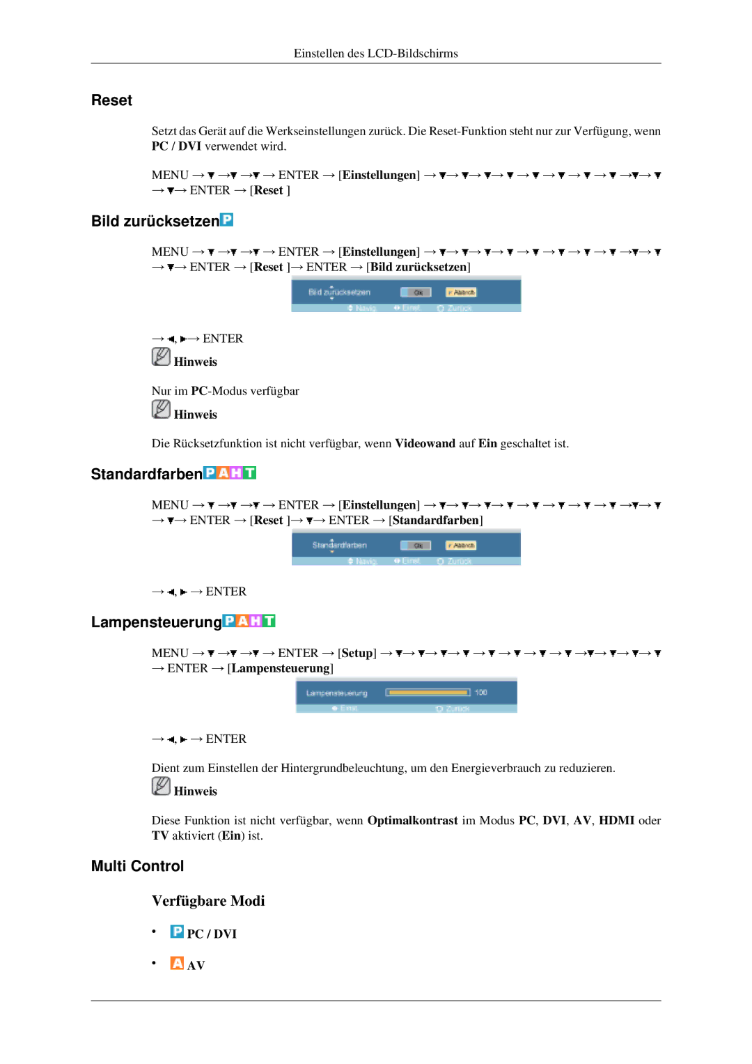 Samsung LH46MGPLGD/EN, LH40MGPLGD/EN manual Reset, Bild zurücksetzen, Standardfarben, Lampensteuerung, Multi Control 