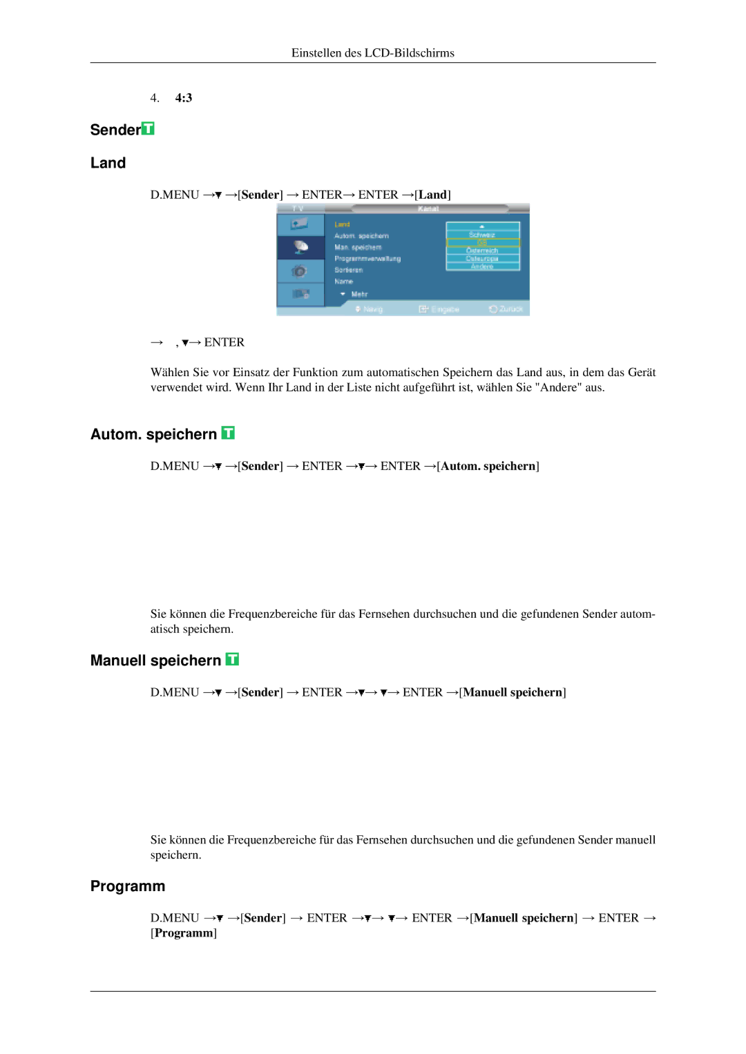 Samsung LH40MGPLGD/EN, LH46MGPLGD/EN manual Sender Land, Autom. speichern, Manuell speichern, Programm 