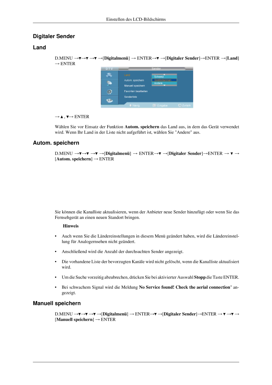 Samsung LH40MGPLGD/EN, LH46MGPLGD/EN manual Digitaler Sender Land, Autom. speichern 