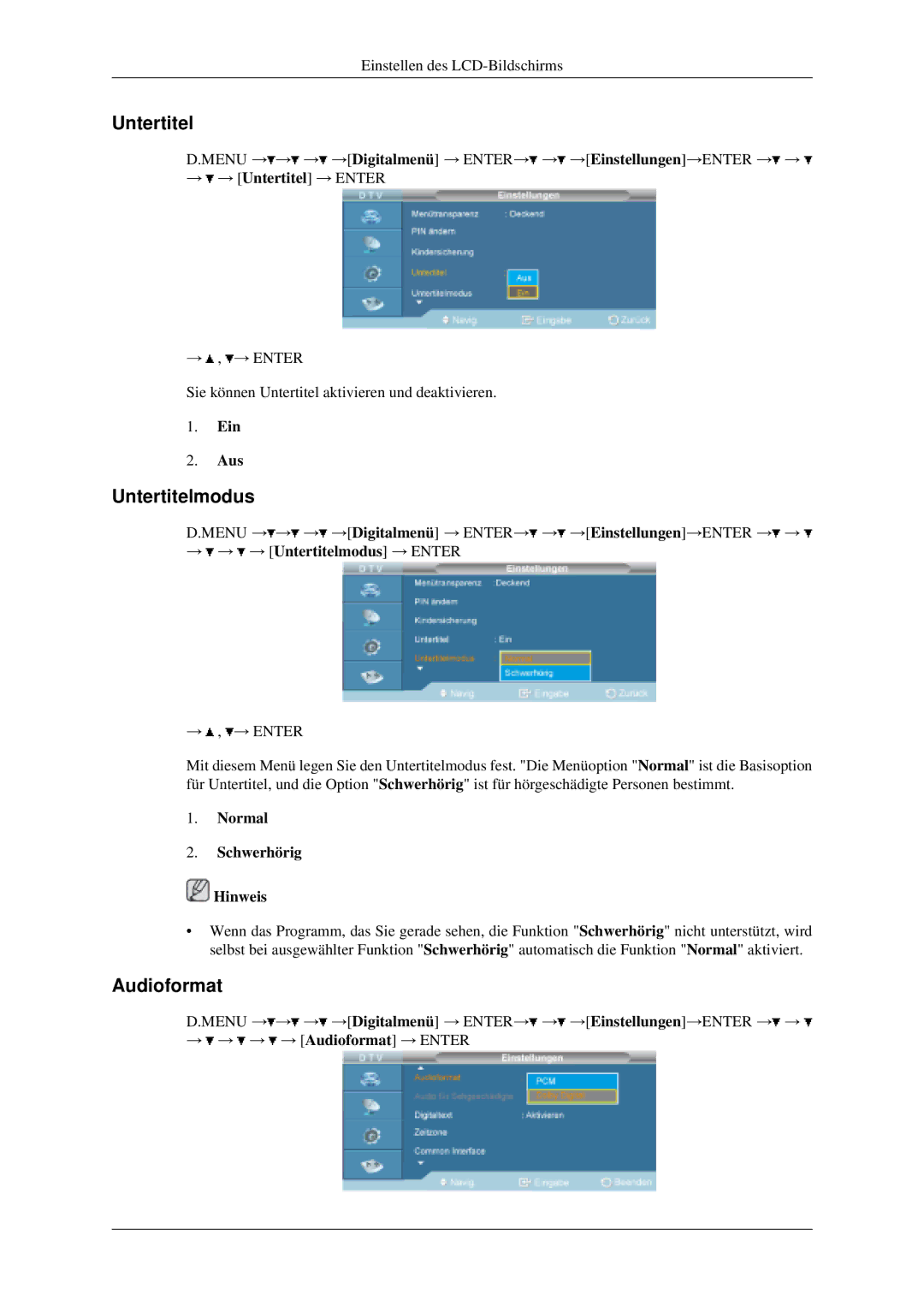 Samsung LH46MGPLGD/EN, LH40MGPLGD/EN manual Untertitelmodus, Audioformat, Ein Aus, Normal Schwerhörig Hinweis 