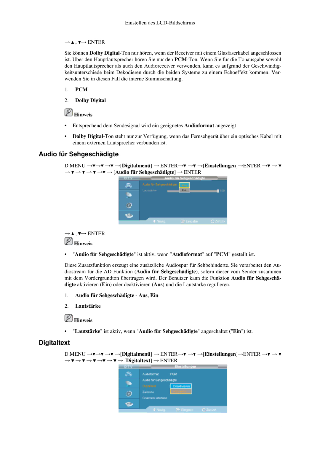 Samsung LH40MGPLGD/EN, LH46MGPLGD/EN manual Audio für Sehgeschädigte, Digitaltext, PCM Dolby Digital Hinweis 