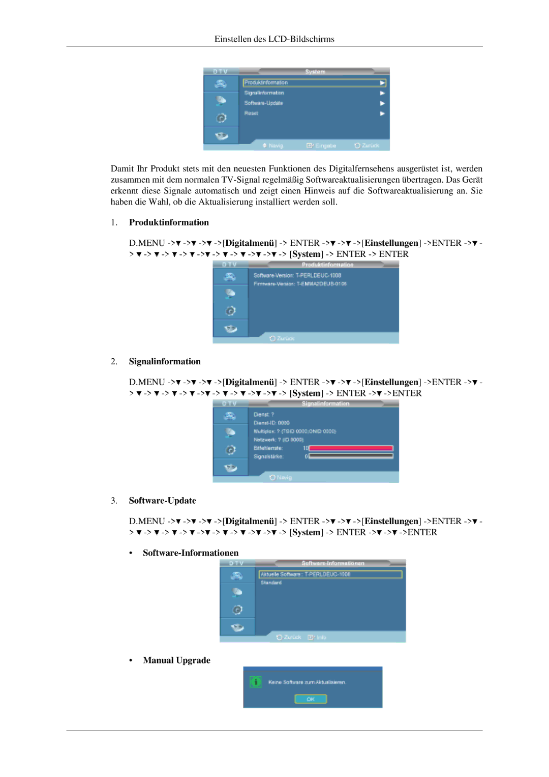 Samsung LH40MGPLGD/EN manual Produktinformation, Signalinformation, Software-Update, Software-Informationen Manual Upgrade 