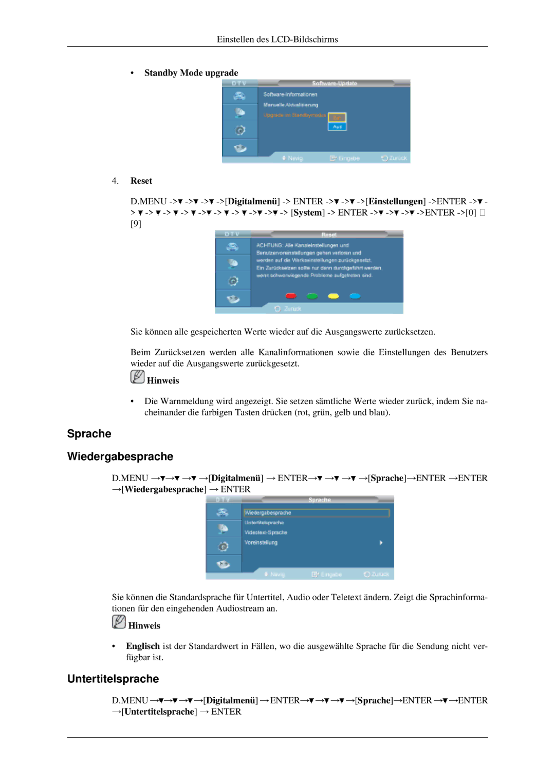 Samsung LH46MGPLGD/EN, LH40MGPLGD/EN manual Sprache Wiedergabesprache, Untertitelsprache, Standby Mode upgrade Reset 