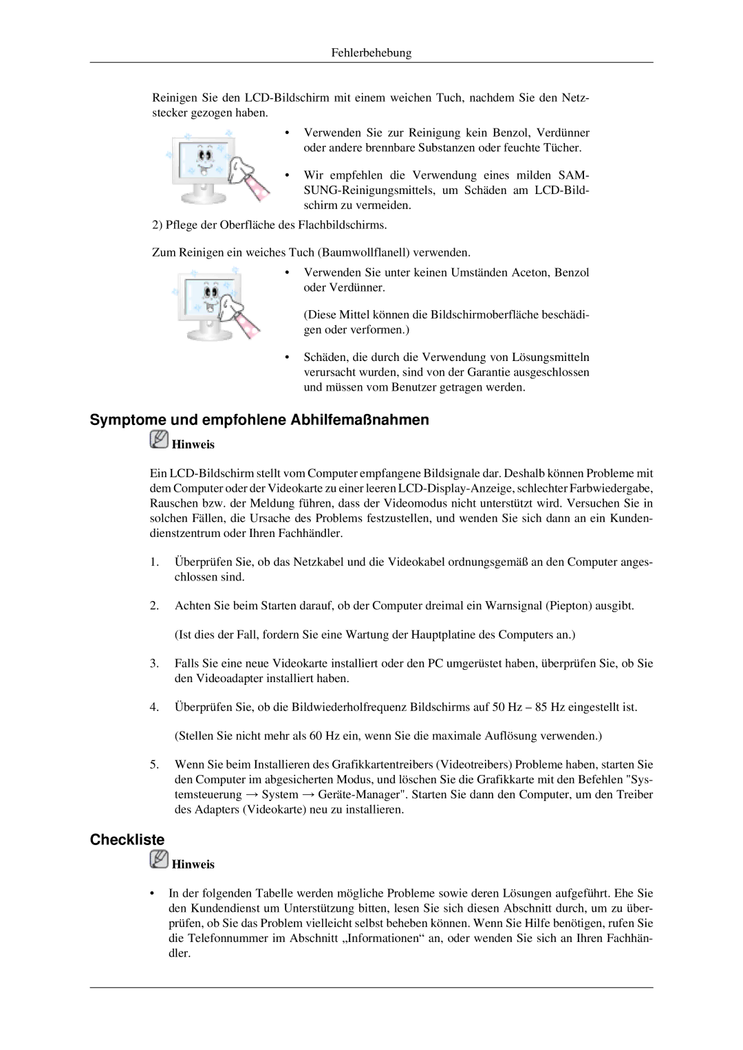 Samsung LH46MGPLGD/EN, LH40MGPLGD/EN manual Symptome und empfohlene Abhilfemaßnahmen, Checkliste 