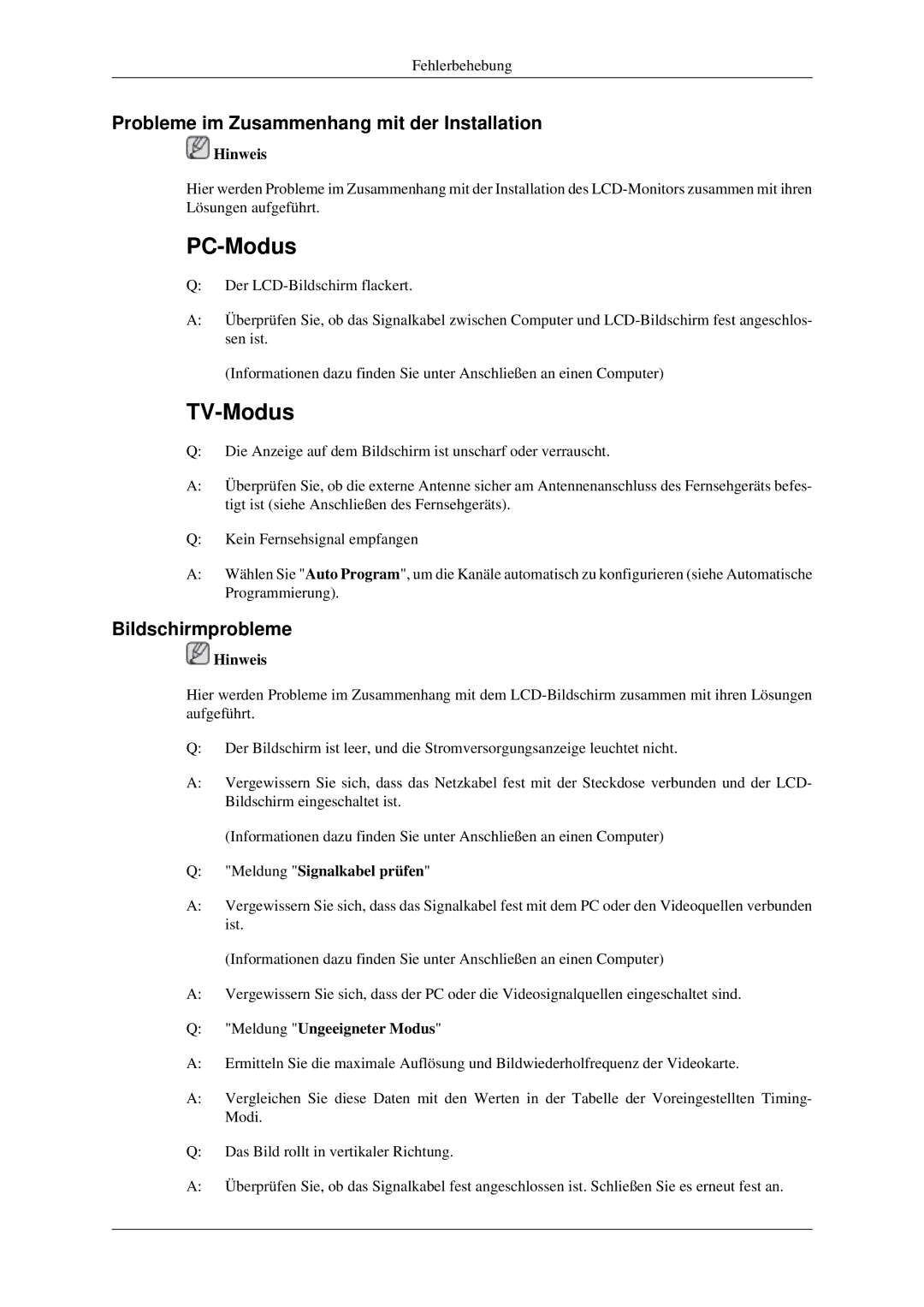 Samsung LH40MGPLGD/EN manual Probleme im Zusammenhang mit der Installation, Bildschirmprobleme, Meldung Signalkabel prüfen 