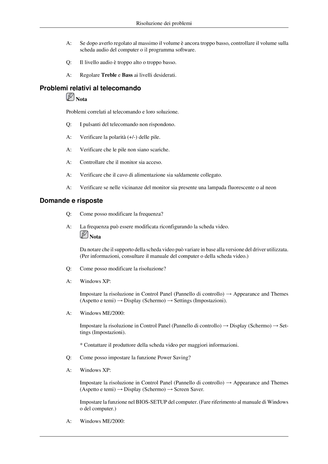 Samsung LH46MGPLGD/EN, LH40MGPLGD/EN manual Problemi relativi al telecomando, Domande e risposte 