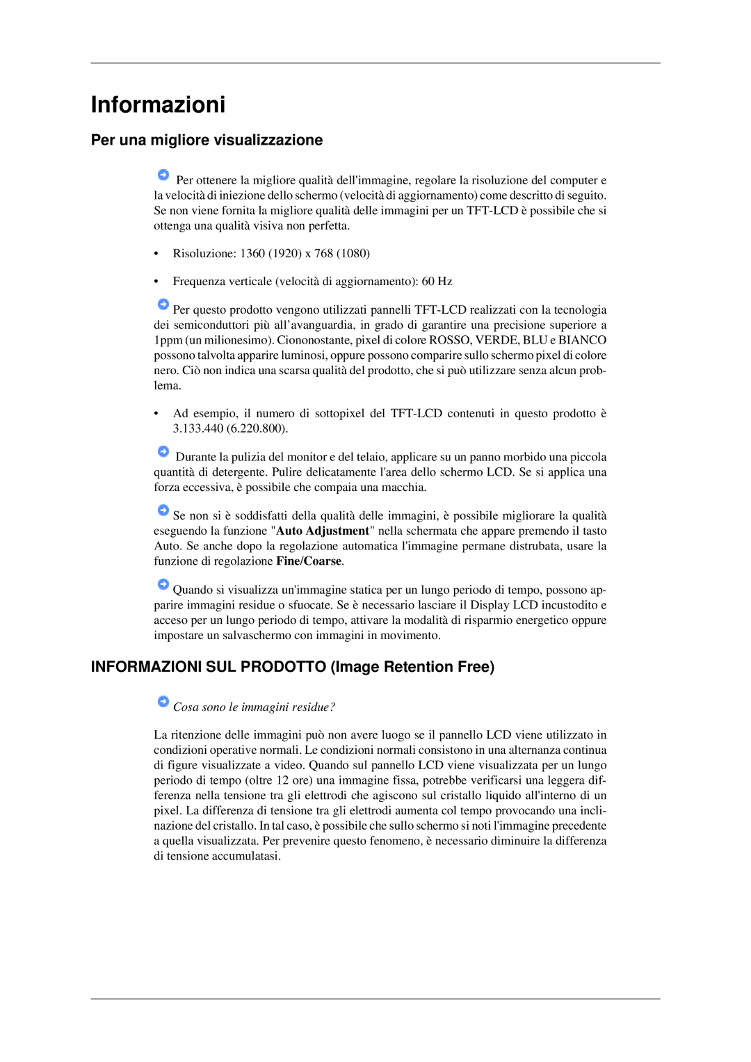 Samsung LH46MGPLGD/EN, LH40MGPLGD/EN manual Per una migliore visualizzazione, Informazioni SUL Prodotto Image Retention Free 