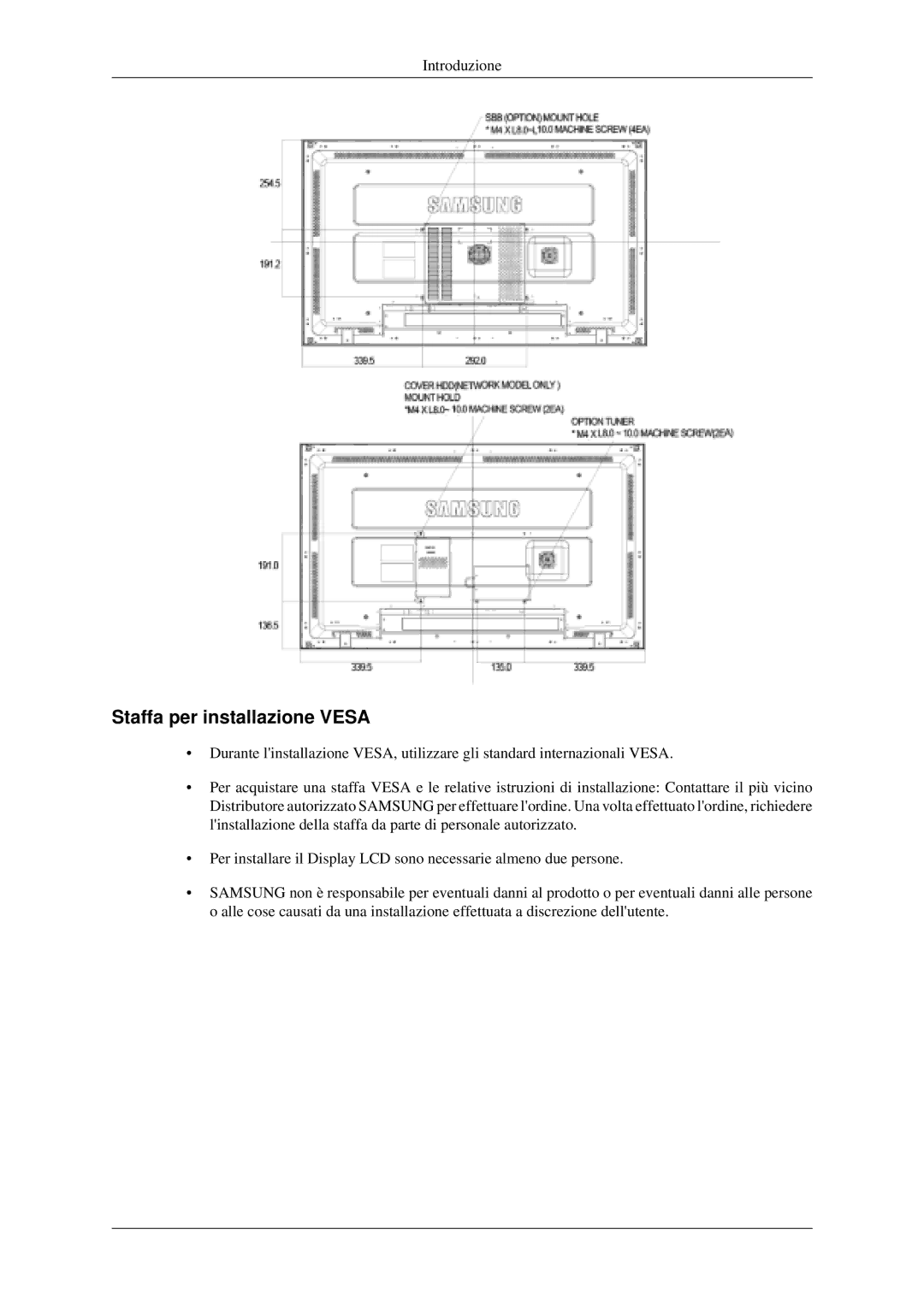 Samsung LH46MGPLGD/EN, LH40MGPLGD/EN manual Staffa per installazione Vesa 