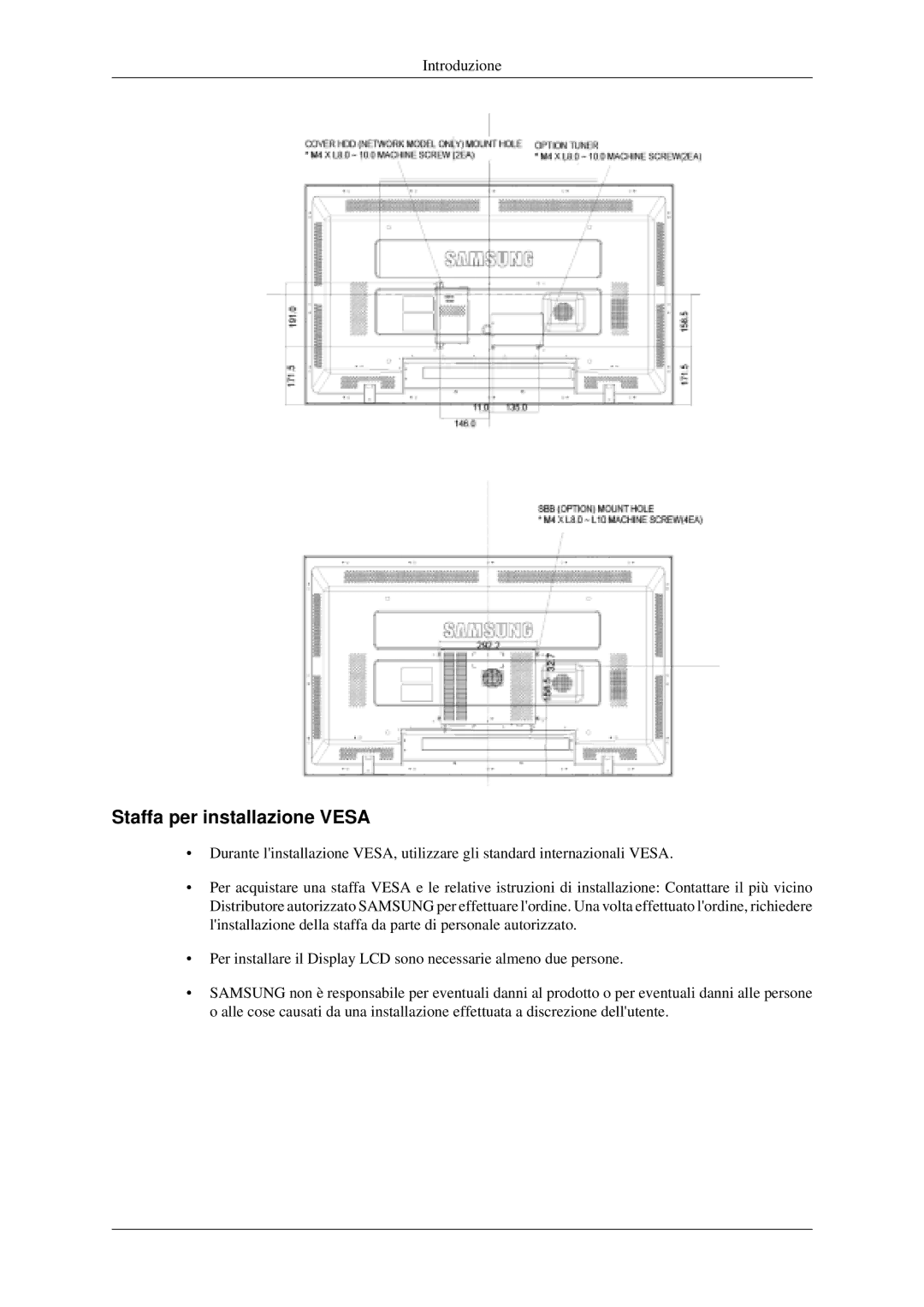 Samsung LH46MGPLGD/EN, LH40MGPLGD/EN manual Staffa per installazione Vesa 