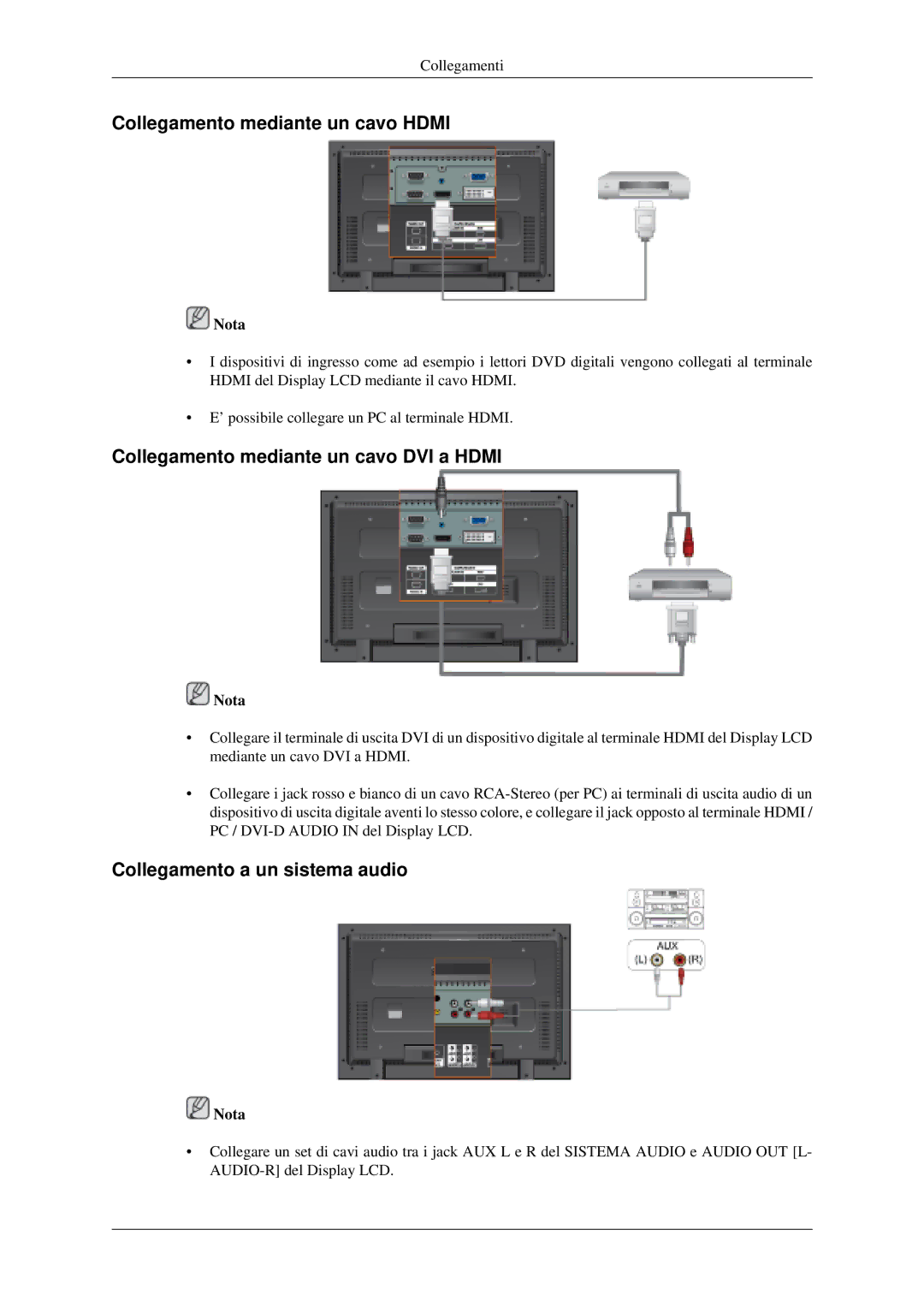 Samsung LH46MGPLGD/EN, LH40MGPLGD/EN manual Collegamento mediante un cavo Hdmi, Collegamento mediante un cavo DVI a Hdmi 