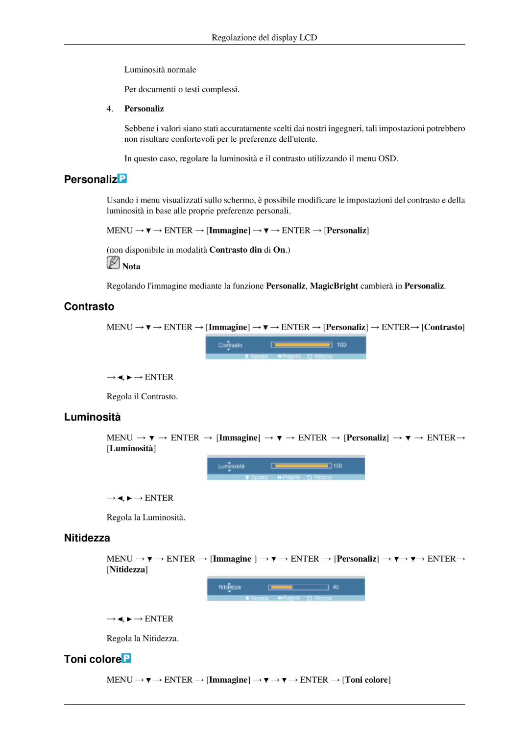 Samsung LH40MGPLGD/EN, LH46MGPLGD/EN manual Personaliz, Contrasto, Luminosità, Nitidezza, Toni colore 