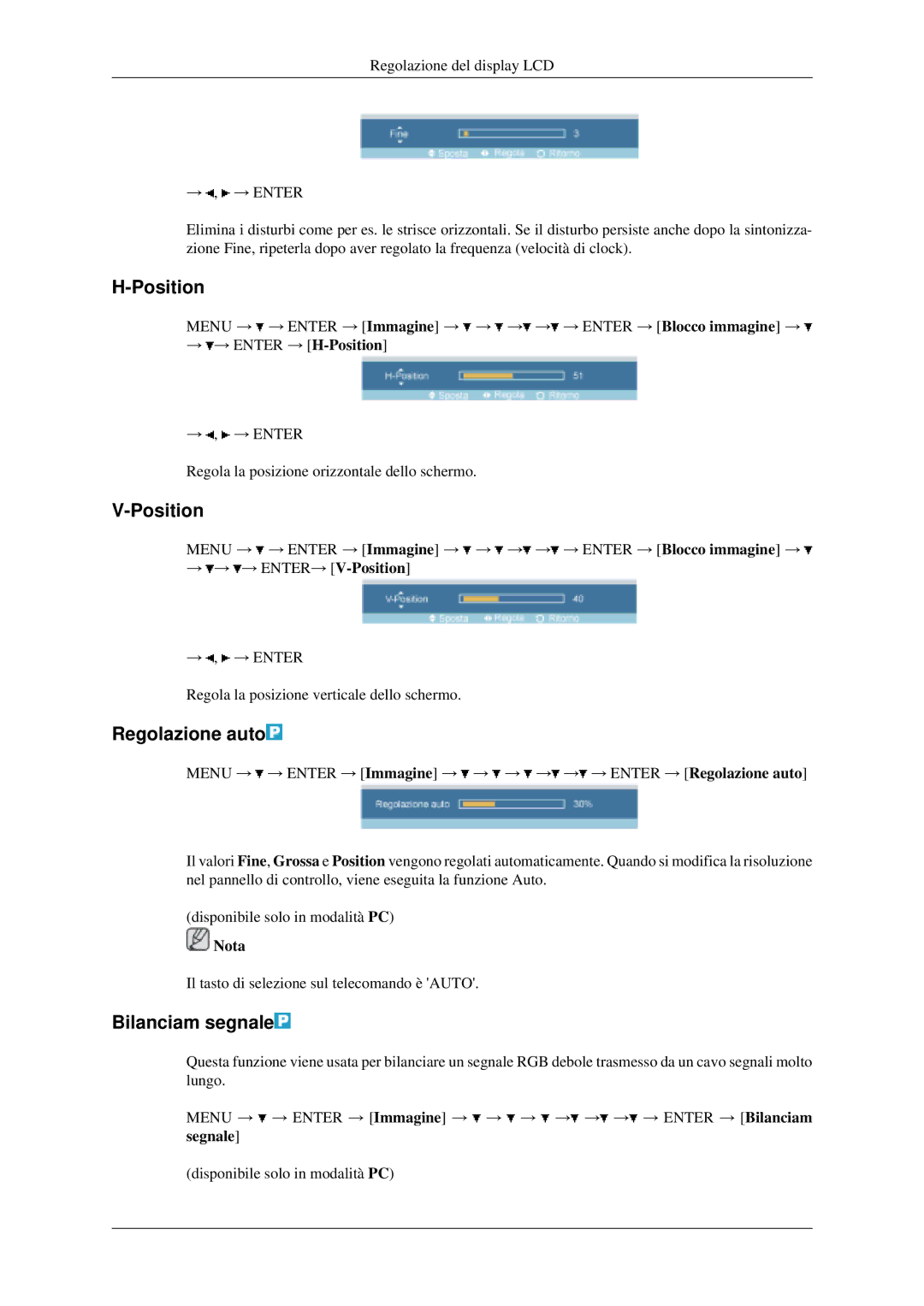 Samsung LH46MGPLGD/EN, LH40MGPLGD/EN manual Position, Regolazione auto, Bilanciam segnale 