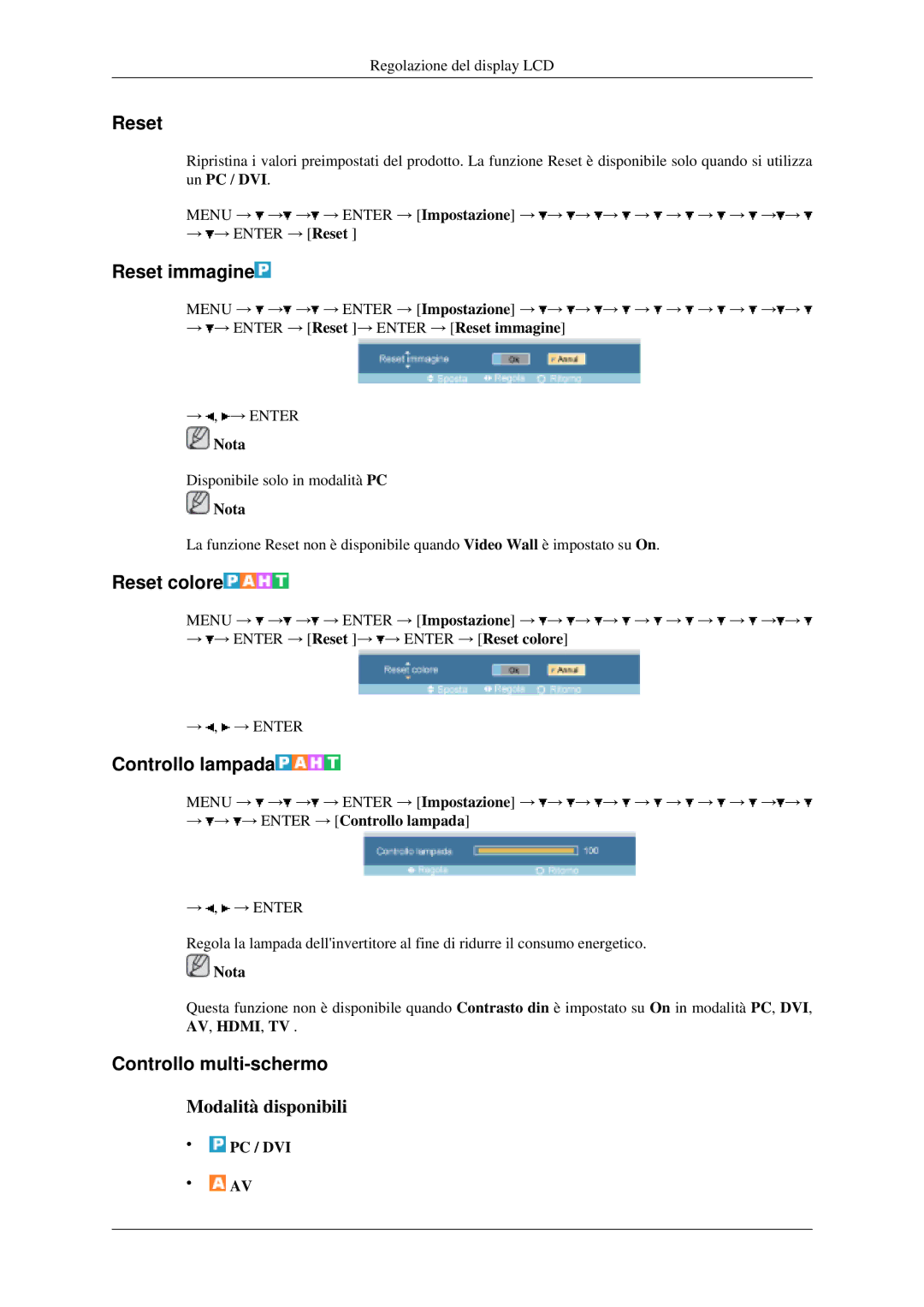 Samsung LH46MGPLGD/EN, LH40MGPLGD/EN manual Reset immagine, Reset colore, Controllo lampada, Controllo multi-schermo 