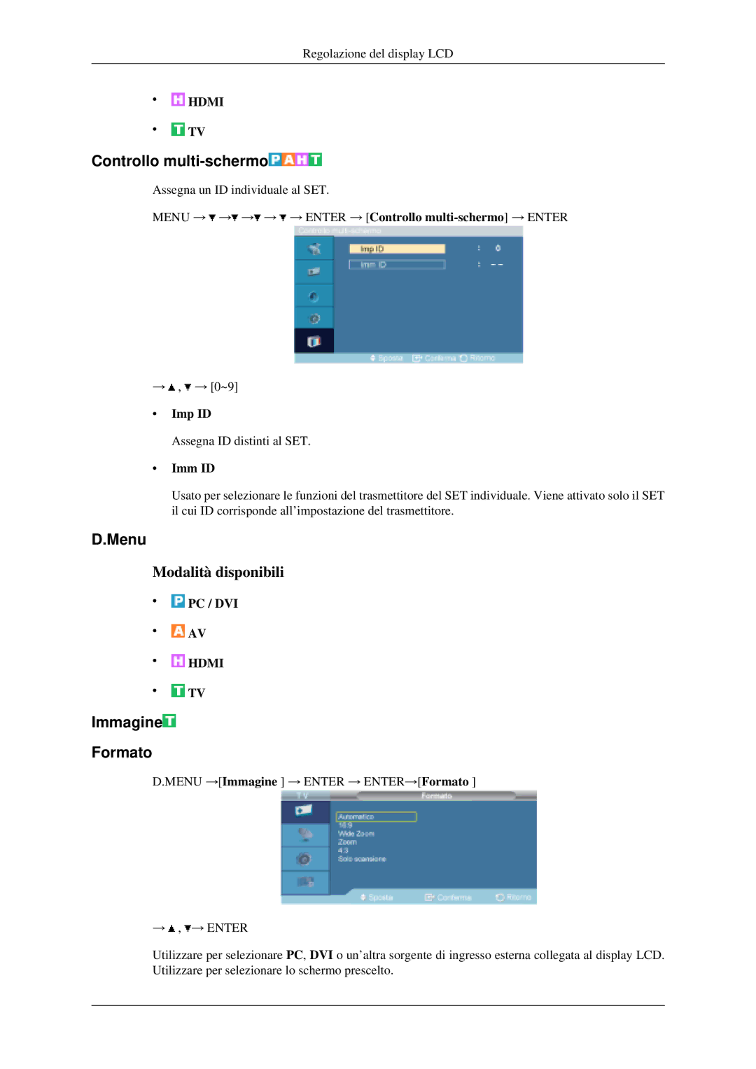 Samsung LH40MGPLGD/EN, LH46MGPLGD/EN manual Menu, Immagine Formato, Imp ID, Imm ID 