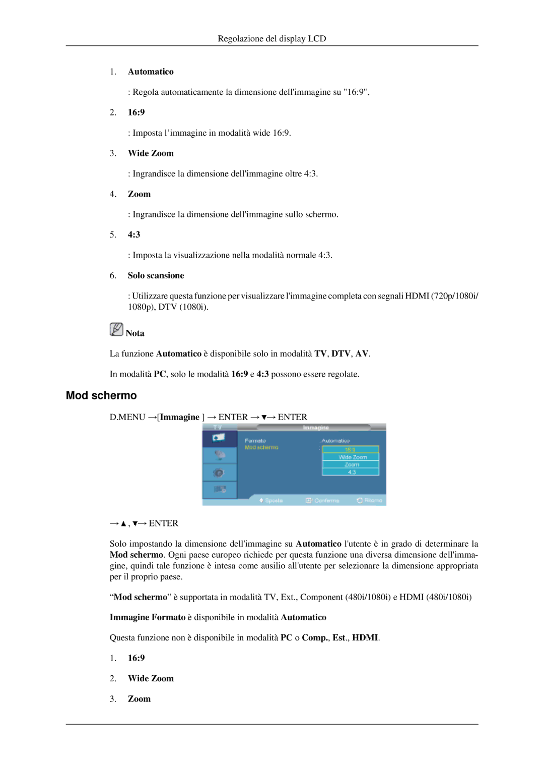 Samsung LH46MGPLGD/EN, LH40MGPLGD/EN manual Mod schermo 