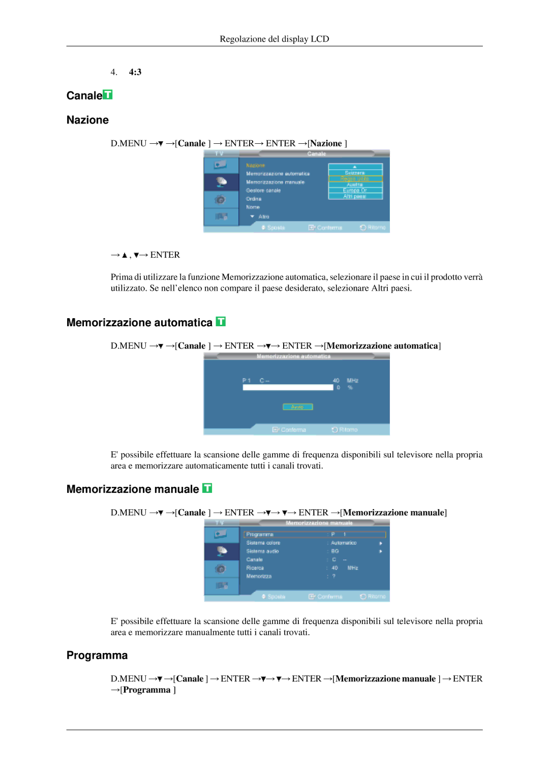 Samsung LH40MGPLGD/EN, LH46MGPLGD/EN Canale Nazione, Memorizzazione automatica, Memorizzazione manuale, Programma 