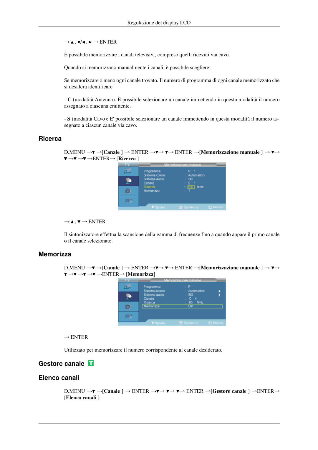 Samsung LH40MGPLGD/EN, LH46MGPLGD/EN manual Ricerca, Memorizza, Gestore canale Elenco canali 