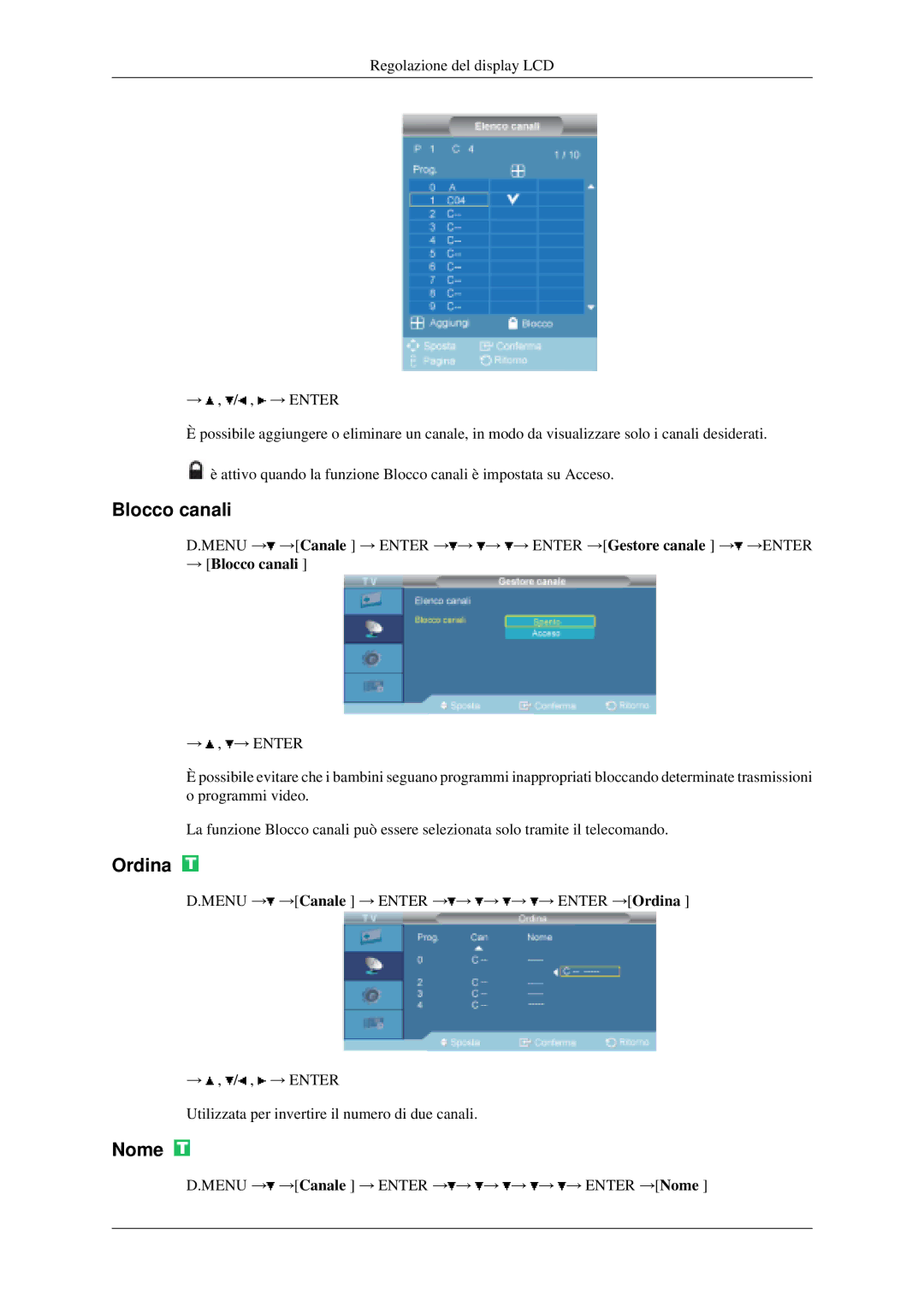 Samsung LH46MGPLGD/EN, LH40MGPLGD/EN manual Ordina, Nome, → Blocco canali 