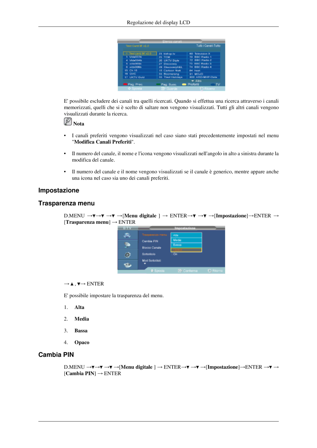 Samsung LH46MGPLGD/EN, LH40MGPLGD/EN manual Impostazione Trasparenza menu, Cambia PIN 