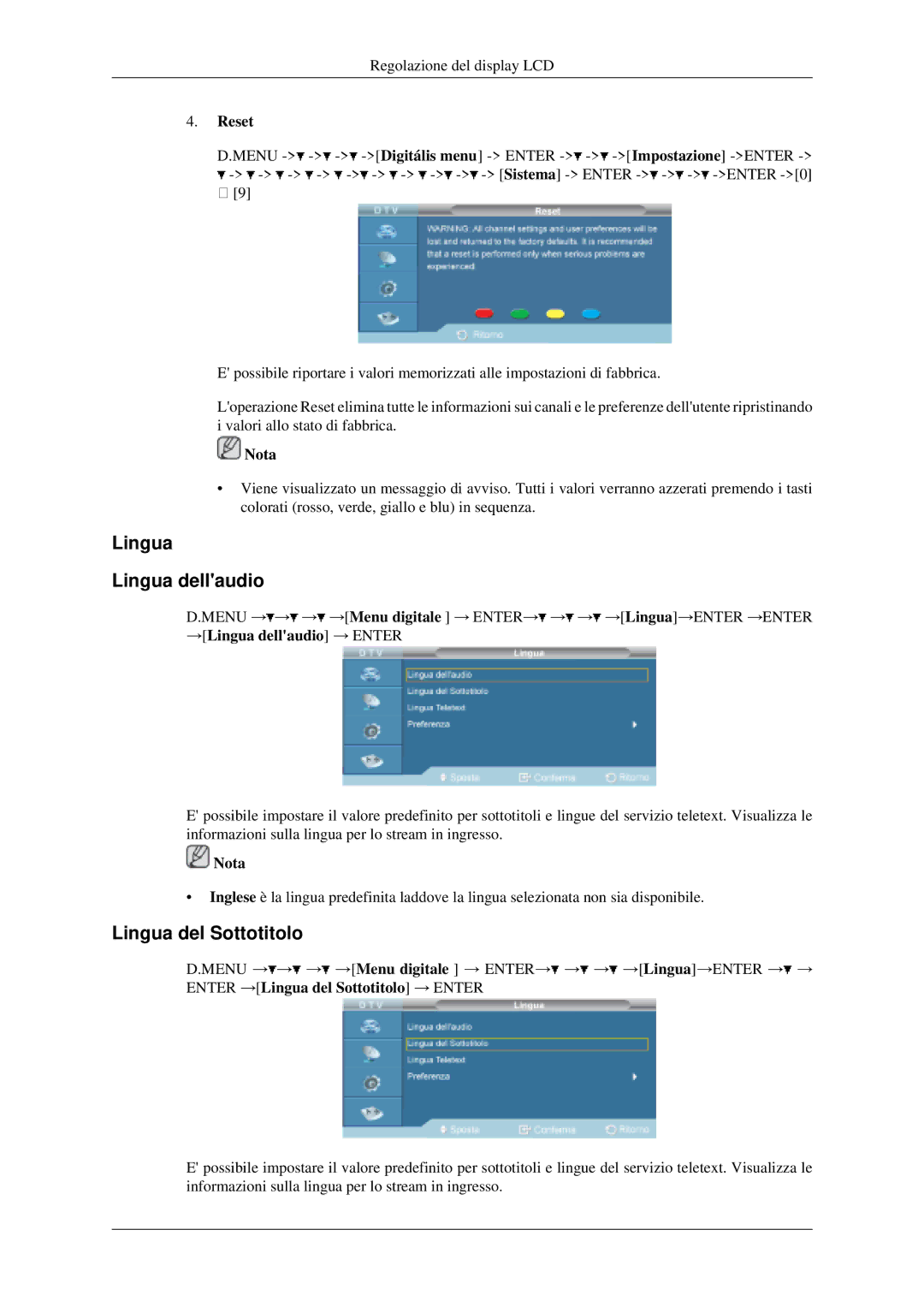 Samsung LH46MGPLGD/EN, LH40MGPLGD/EN manual Lingua Lingua dellaudio, Lingua del Sottotitolo, Reset 