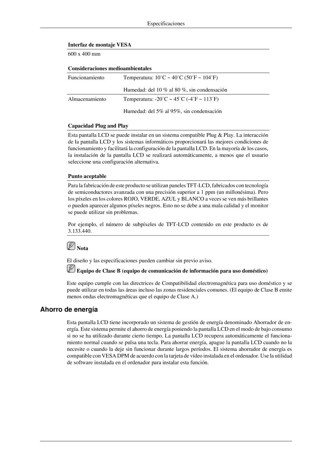 Samsung LH46MGPLGD/EN manual Ahorro de energía, Interfaz de montaje Vesa, Consideraciones medioambientales, Punto aceptable 