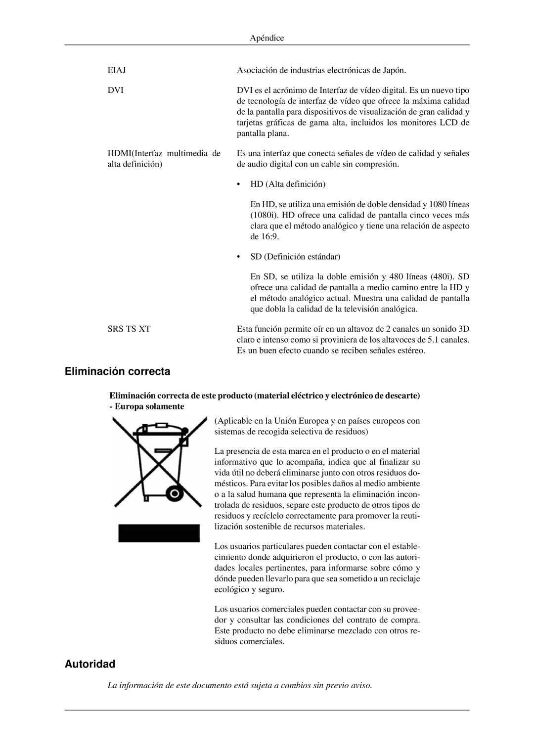 Samsung LH40MGPLGD/EN, LH46MGPLGD/EN manual Eliminación correcta, Autoridad 