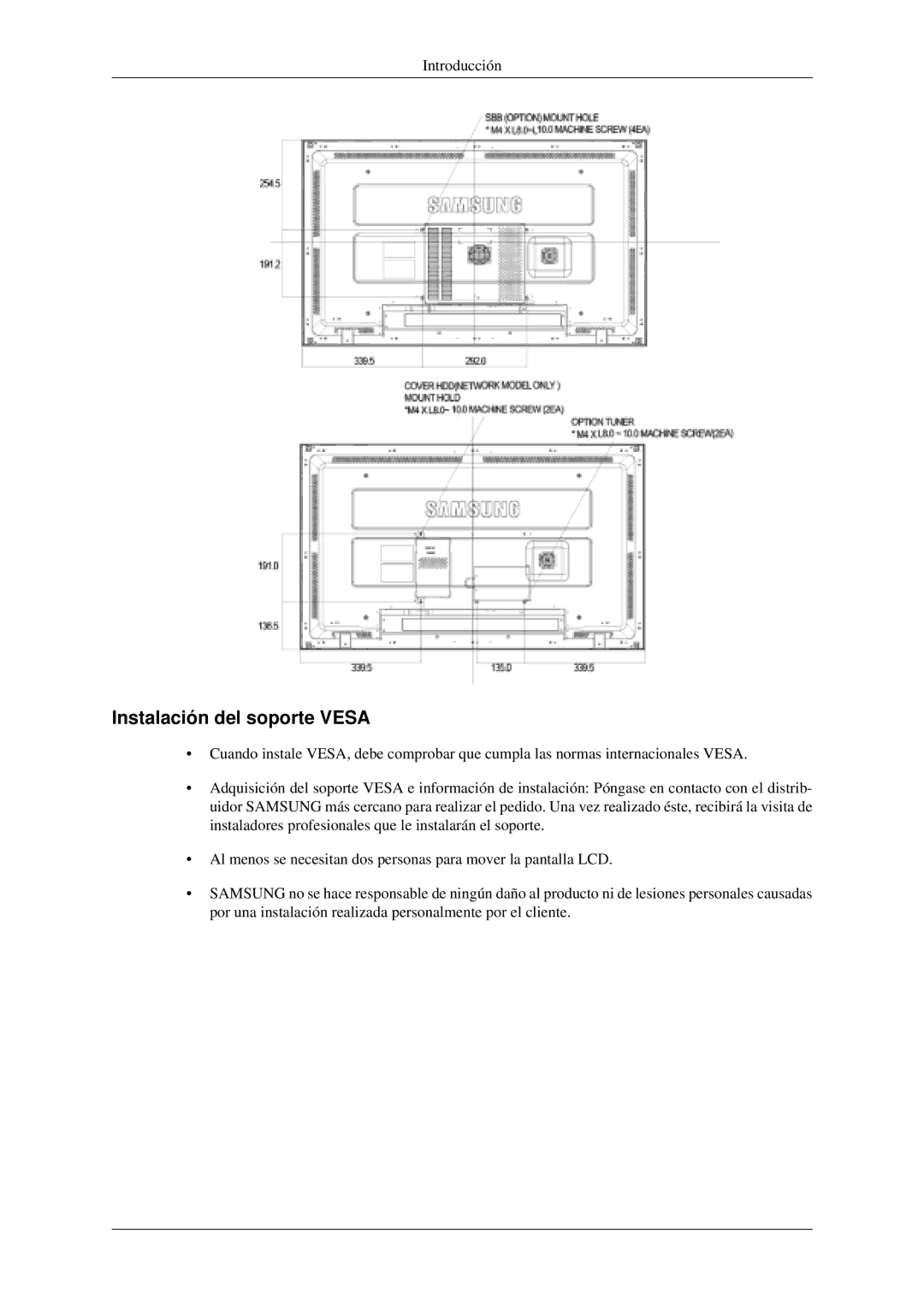 Samsung LH46MGPLGD/EN, LH40MGPLGD/EN manual Instalación del soporte Vesa 