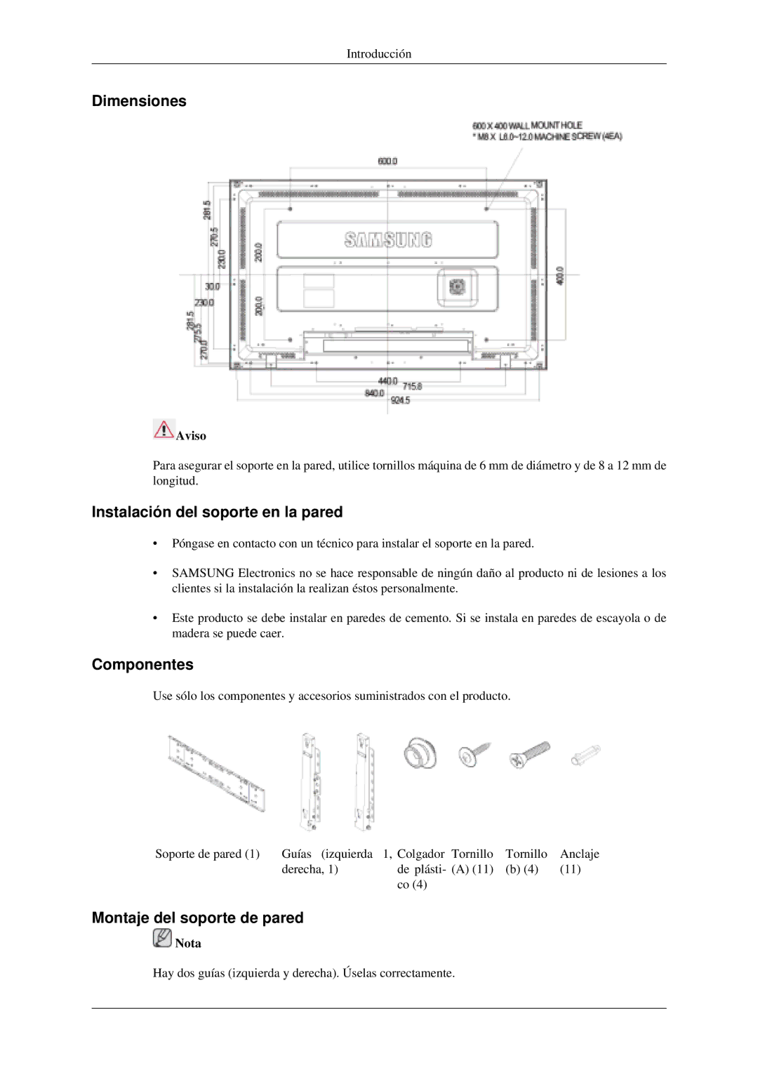 Samsung LH40MGPLGD/EN Dimensiones, Instalación del soporte en la pared, Componentes, Montaje del soporte de pared, Aviso 