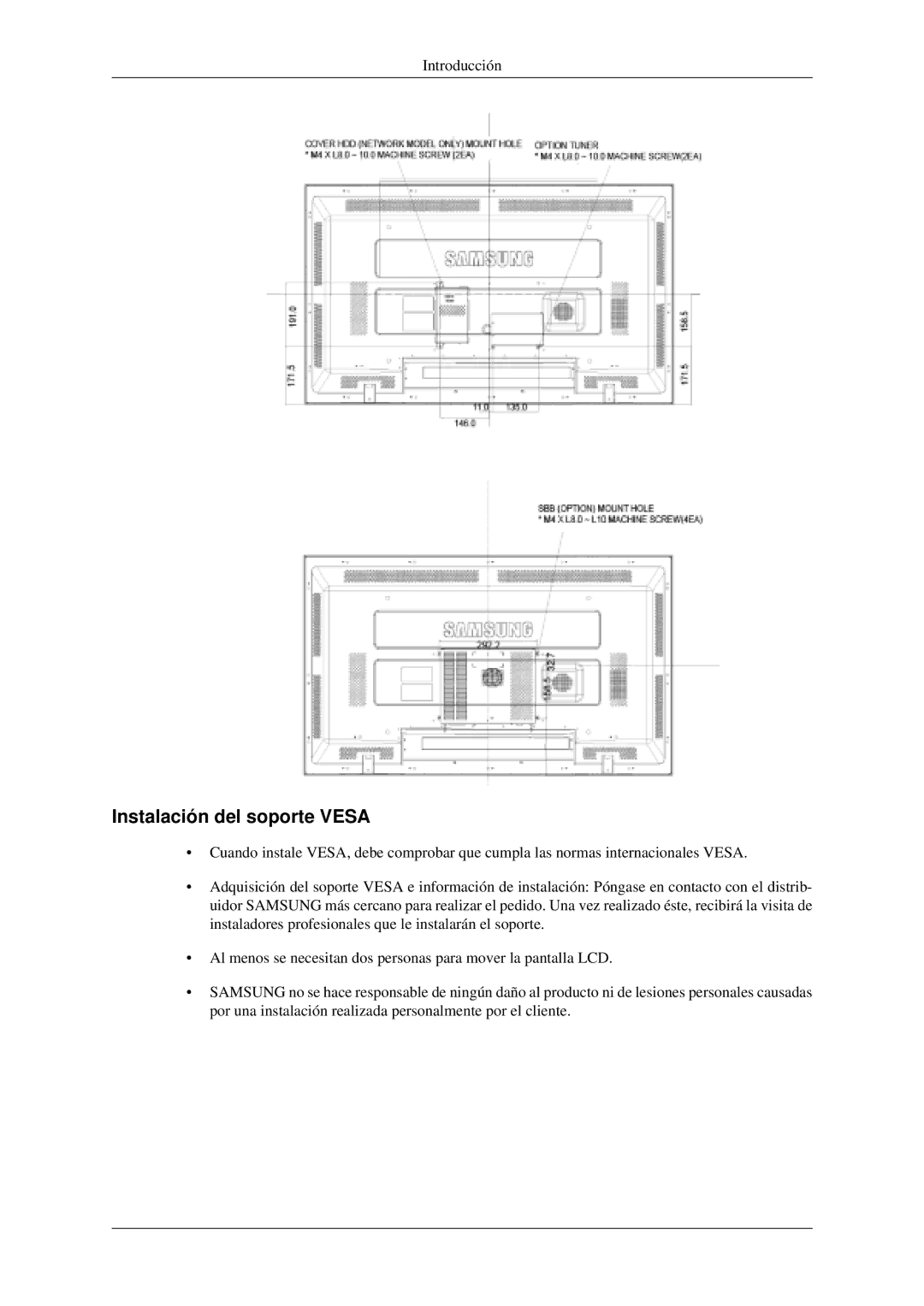 Samsung LH46MGPLGD/EN, LH40MGPLGD/EN manual Instalación del soporte Vesa 