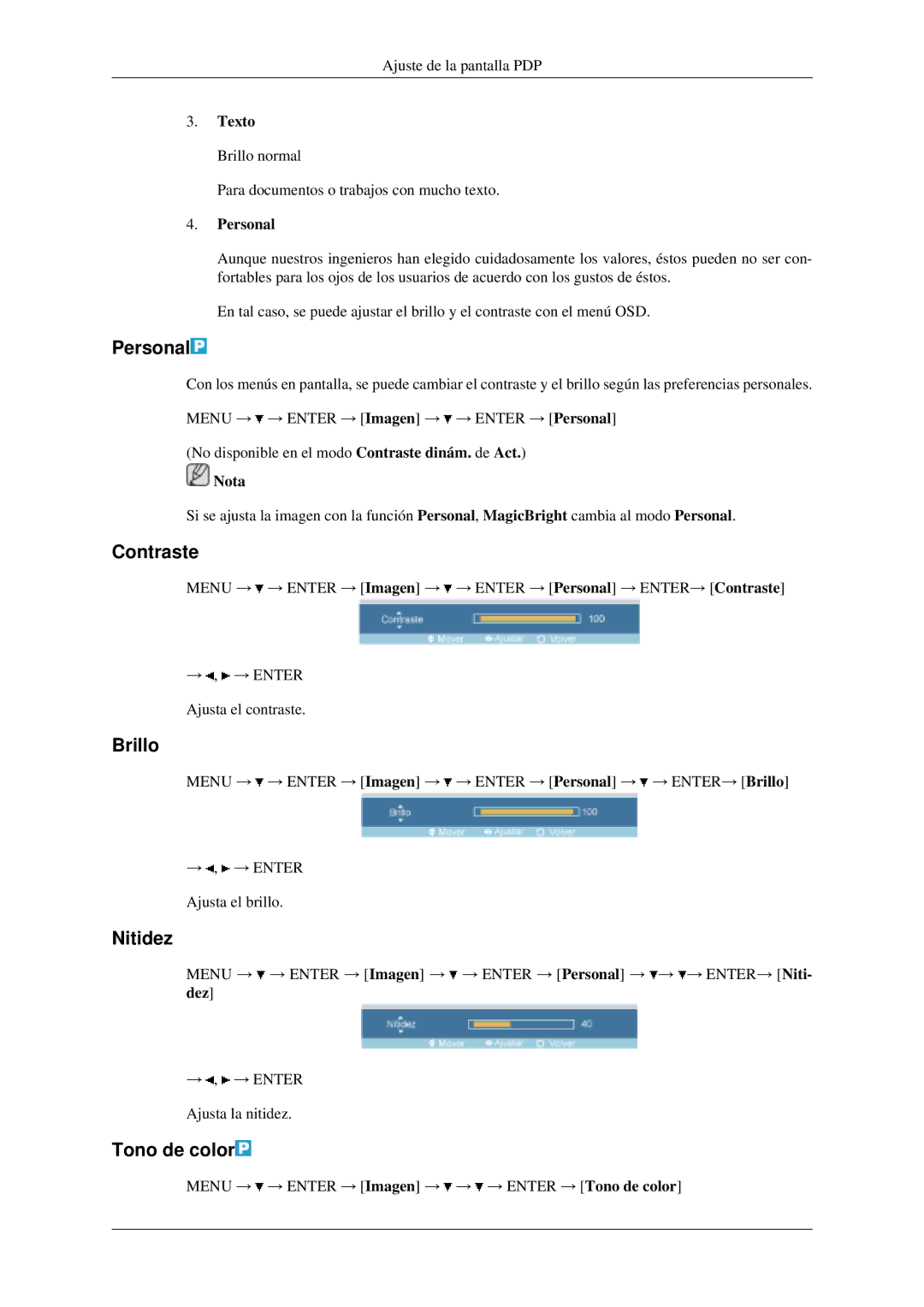 Samsung LH40MGPLGD/EN, LH46MGPLGD/EN manual Personal, Contraste, Brillo, Nitidez, Tono de color 