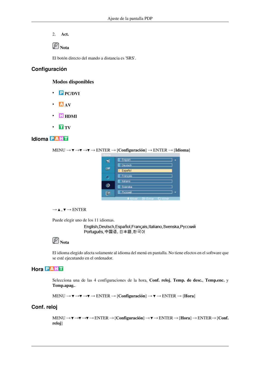 Samsung LH46MGPLGD/EN, LH40MGPLGD/EN manual Configuración, Idioma, Hora, Conf. reloj, Act Nota 