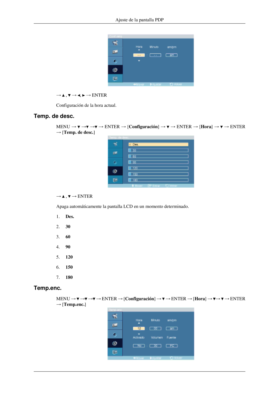 Samsung LH40MGPLGD/EN, LH46MGPLGD/EN manual → Temp. de desc, → Temp.enc 