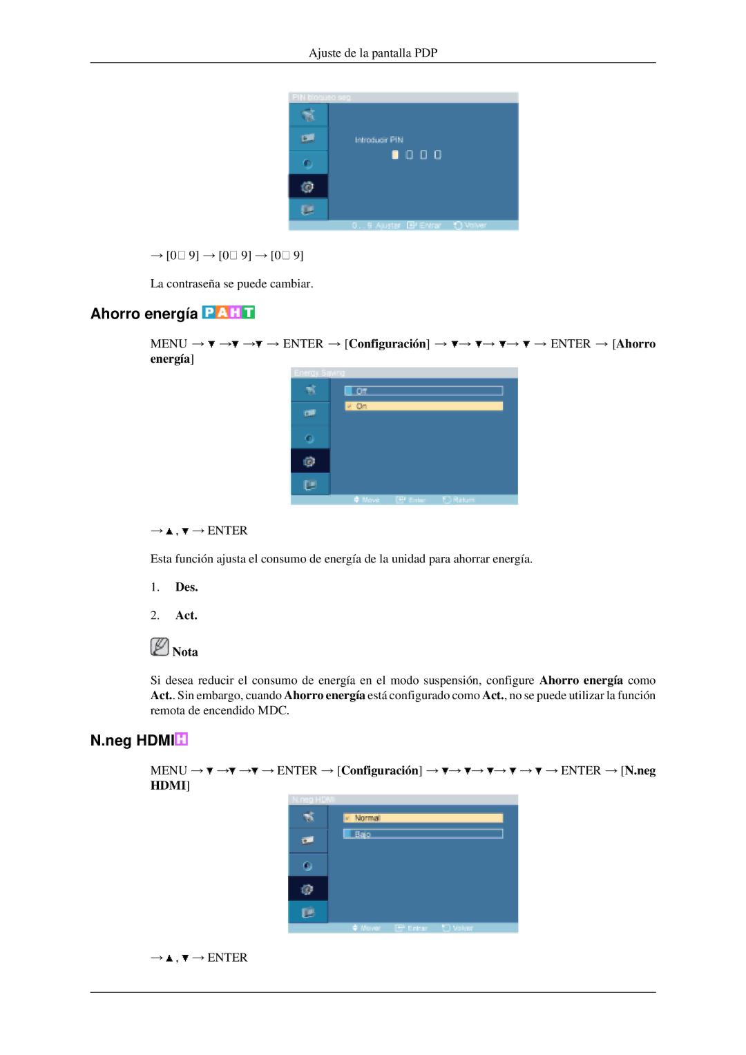 Samsung LH40MGPLGD/EN, LH46MGPLGD/EN manual Ahorro energía, Neg Hdmi, Des Act Nota 