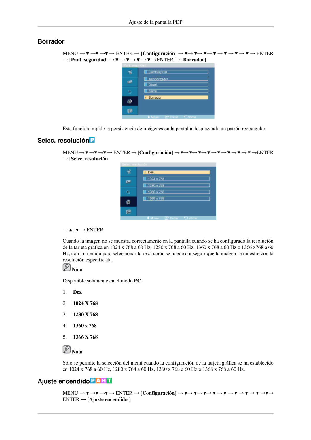 Samsung LH46MGPLGD/EN manual Borrador, Ajuste encendido, → Selec. resolución, Des 1024 X 1280 X 1360 x 1366 X Nota 