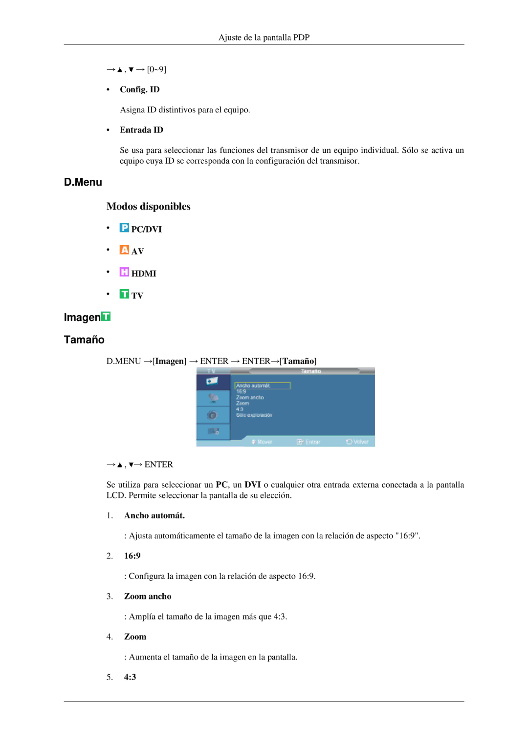 Samsung LH40MGPLGD/EN, LH46MGPLGD/EN manual Menu, Imagen Tamaño 