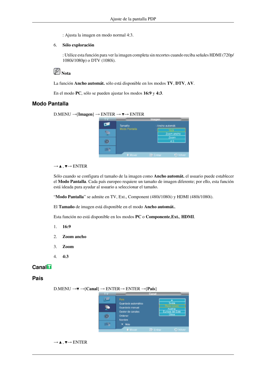 Samsung LH46MGPLGD/EN, LH40MGPLGD/EN manual Modo Pantalla, Canal País, Sólo exploración 