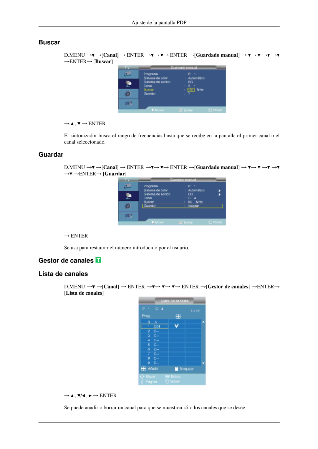 Samsung LH40MGPLGD/EN, LH46MGPLGD/EN manual Buscar, Guardar, Gestor de canales Lista de canales 