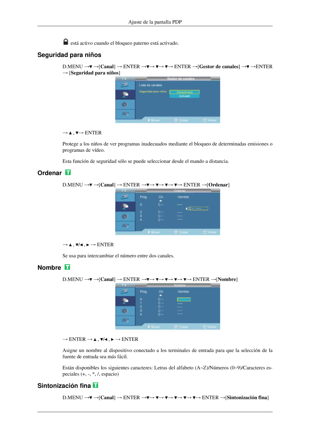 Samsung LH46MGPLGD/EN, LH40MGPLGD/EN manual Ordenar, Nombre, Sintonización fina, → Seguridad para niños 