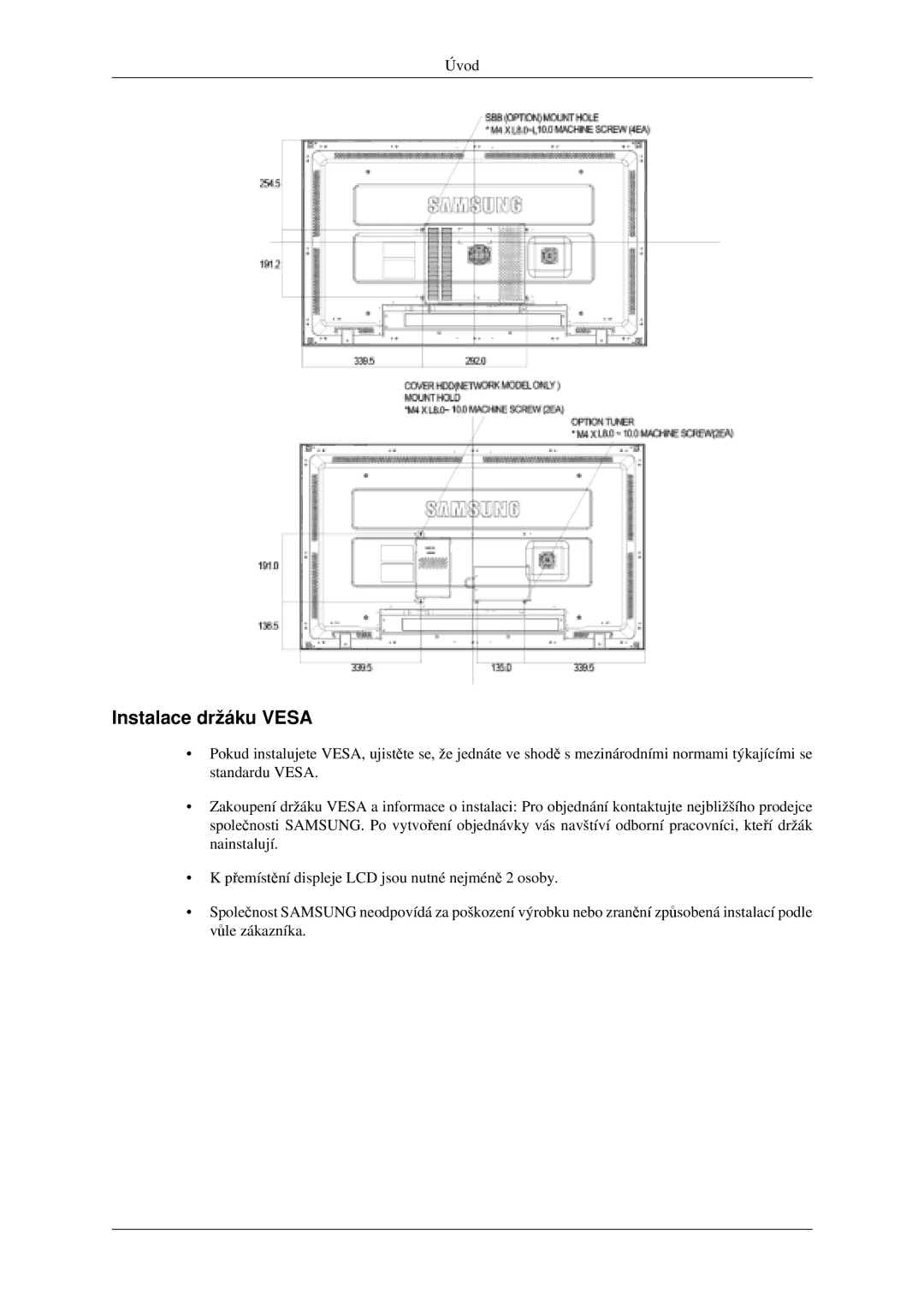 Samsung LH46MGPLGD/EN, LH40MGPLGD/EN manual Instalace držáku Vesa 