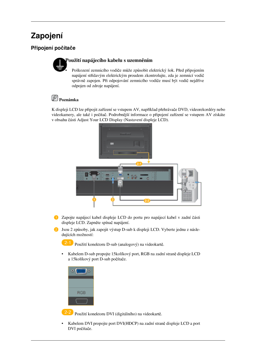 Samsung LH46MGPLGD/EN, LH40MGPLGD/EN manual Zapojení, Připojení počítače 