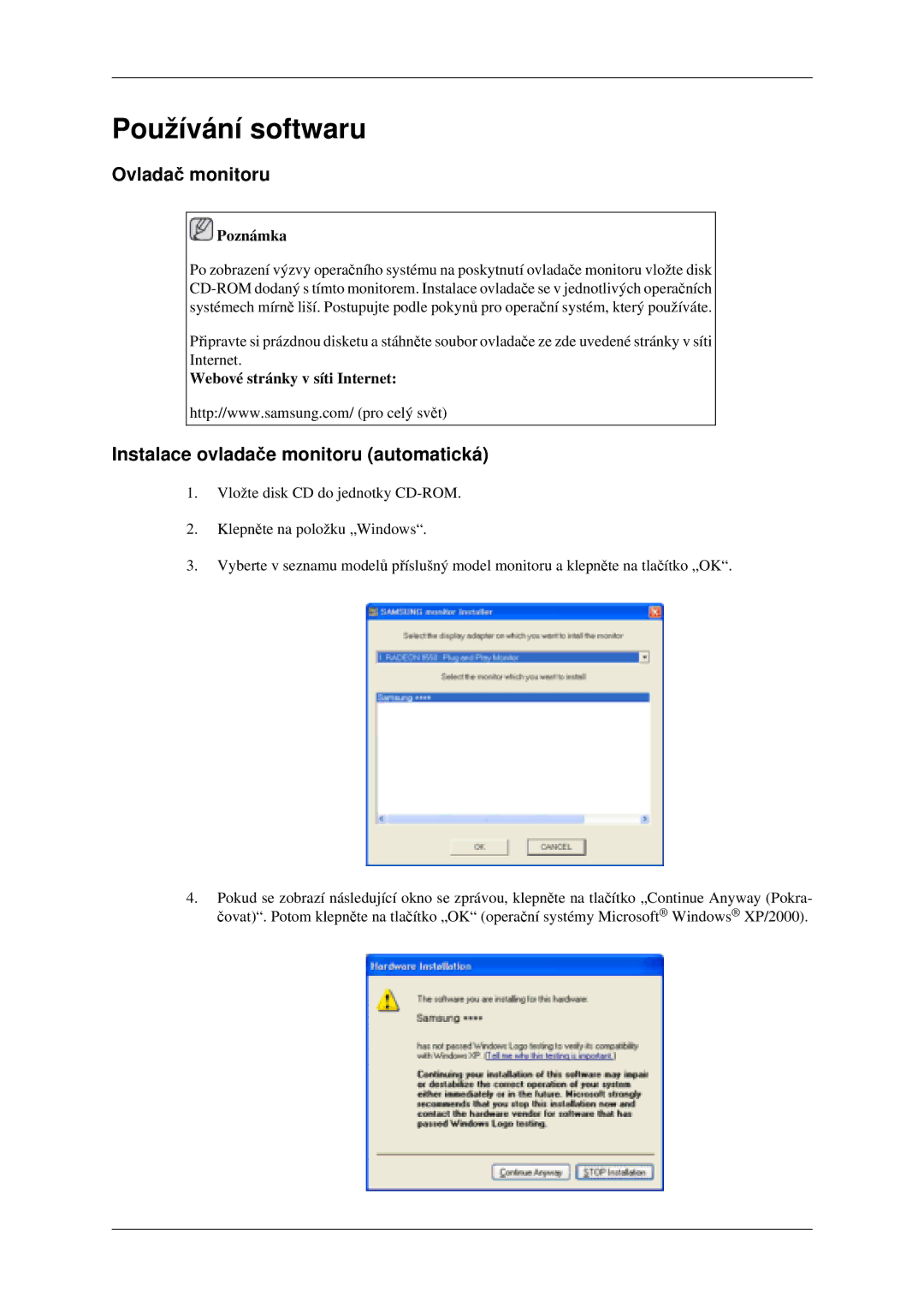 Samsung LH46MGPLGD/EN manual Ovladač monitoru, Instalace ovladače monitoru automatická, Webové stránky v síti Internet 