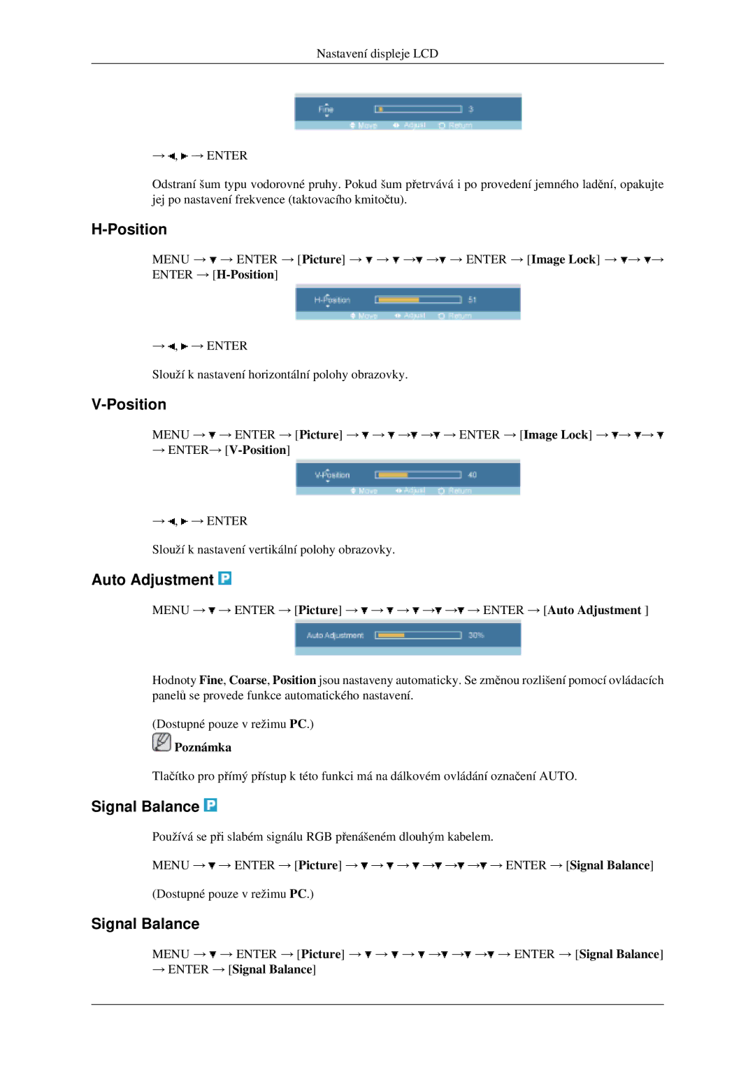 Samsung LH46MGPLGD/EN, LH40MGPLGD/EN manual Auto Adjustment, → ENTER→ V-Position, → Enter → Signal Balance 