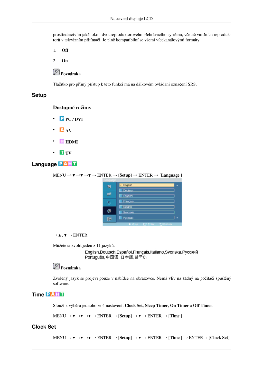 Samsung LH46MGPLGD/EN, LH40MGPLGD/EN manual Setup, Language, Time, Clock Set, Off Poznámka 