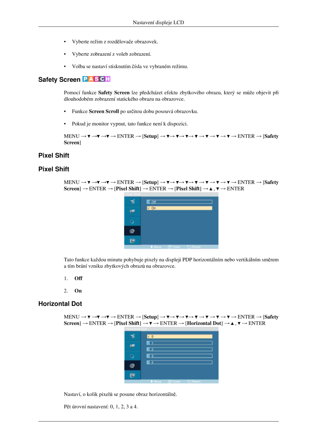 Samsung LH46MGPLGD/EN, LH40MGPLGD/EN manual Safety Screen, Pixel Shift, Horizontal Dot 