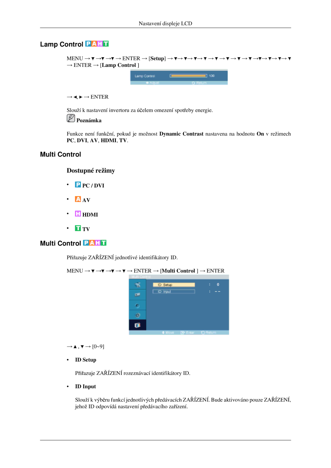 Samsung LH46MGPLGD/EN, LH40MGPLGD/EN manual Multi Control, → Enter → Lamp Control, ID Setup, ID Input 