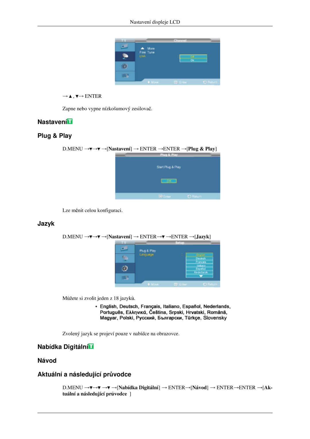 Samsung LH40MGPLGD/EN, LH46MGPLGD/EN Nastavení Plug & Play, Jazyk, Nabídka Digitální Návod Aktuální a následující průvodce 